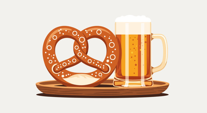Traditional German Pretzel and Beer Mug on Wooden Tray.