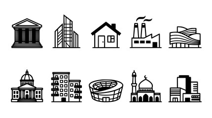 Fototapeta premium Building Icon Set Includes Landmarks, City Skyline, Monuments, Temples, Office Towers, and Residential Houses in Line Style