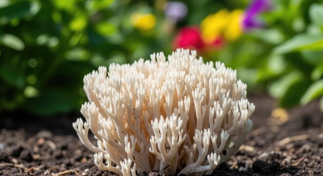 White coral fungus growing in garden soil