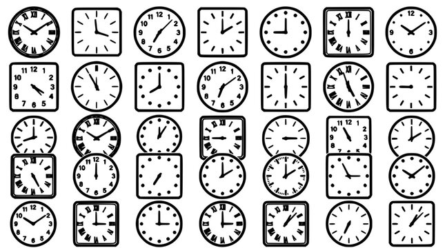 Clock Icons Set with Analog Faces and Hand-Drawn Lines, Black Outlines on White Background for Time Concept Design