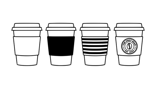 Coffee Cups Icon Set with White and Dark Coffee Liquid, Simple Line Art Style on Clean Background Featuring Cup, Beverage, Drink