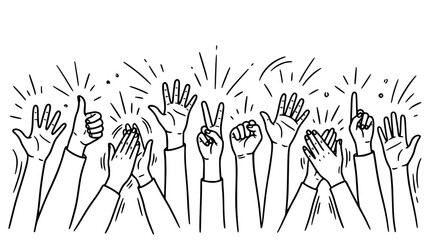 Obraz premium Hands Raised in Celebration with Various Gestures and Symbols Featuring Gesture, Symbol, Peace with Victory and Thumbs Up
