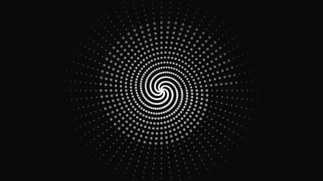 Abstract white dotted spiral motion background, hypnotic rotating particle vortex animation dots