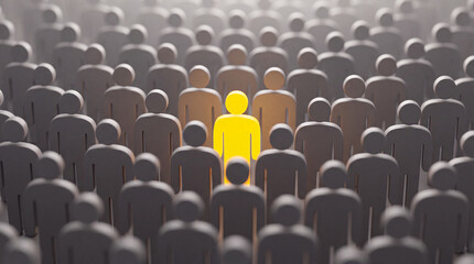 Fototapeta premium Conceptual 3D illustration of a single yellow human figure standing out among a large crowd of grey figures representing leadership, uniqueness, and individuality.