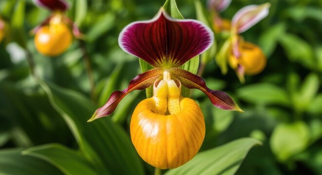Yellow and purple orchid flower in garden
