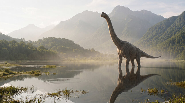 A large long neck dinosaur standing in a calm lake with mountain reflections in a misty prehistoric landscape during a bright sunrise or sunset