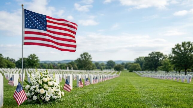 American flag waves over rows of white headstones and small flags at a cemetery
