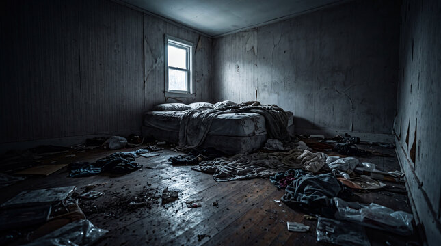 Interior view of a messy and abandoned bedroom with a disheveled bed, scattered clothes on the floor, and light coming through a small window in a dark room