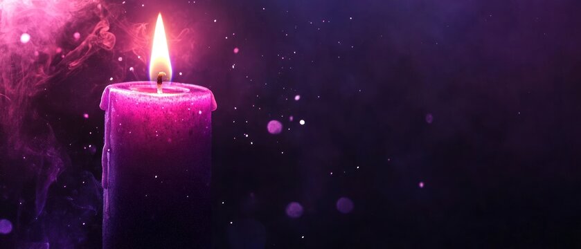 Burning purple candle with smoke and bokeh effects