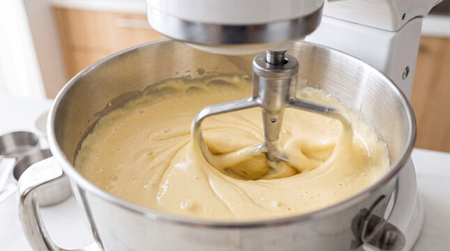 Electric stand mixer with a metal bowl whisking thick yellow cake batter in a bright modern kitchen for baking homemade dessert or bread dough