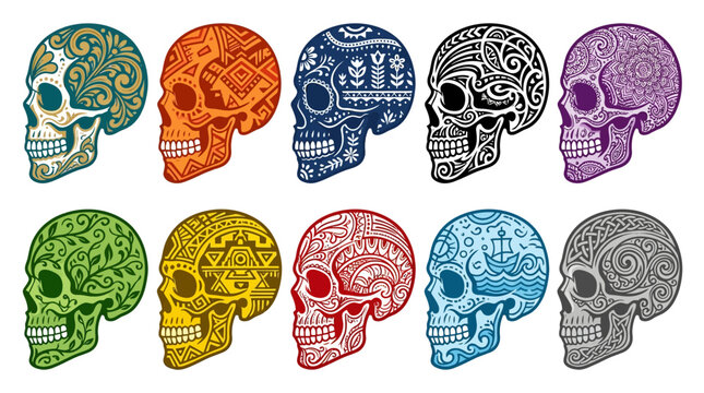 Ornate colorful human skulls with diverse intricate patterns in profile