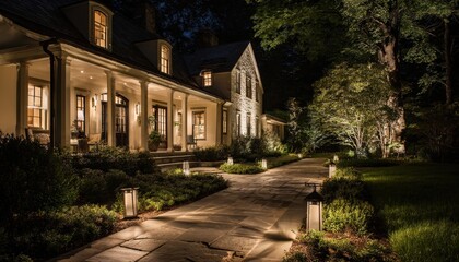 Naklejka premium A beautifully illuminated home and garden at night showcasing warm exterior lighting along a stone pathway