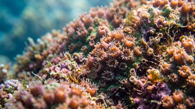 Close up macro view of colorful coral polyps and sea anemones living on a vibrant tropical reef ecosystem in the deep blue ocean water