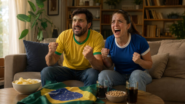 Casal de torcedores do Brasil assistindo jogo de futebol em casa