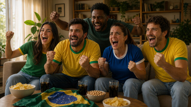 Grupo de amigos brasileiros torcendo durante jogo de futebol em casa
