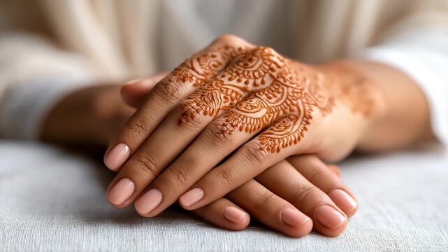 Hands with intricate henna designs on linen fabric