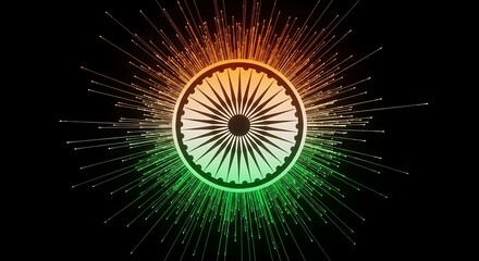 Fototapeta premium India Independence Day background with Ashoka Chakra bursting with tricolor saffron and green light rays on black background