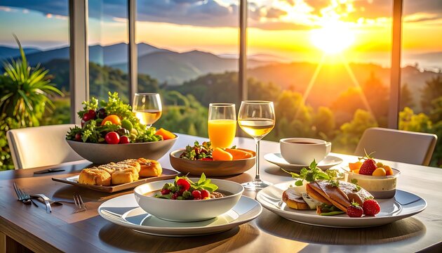 Delicious dinner table with food and drinks.