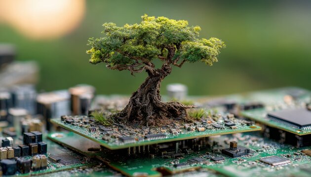 A miniature tree with bright green foliage grows from the center of a green circuit board microchip in a close-up view