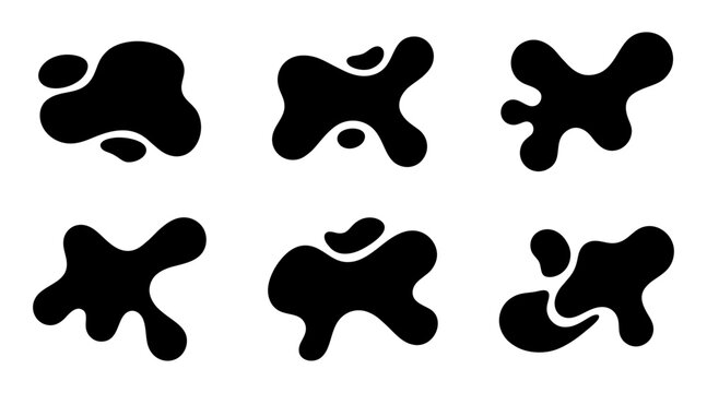 Set of six minimalist black liquid blob vector illustration shapes for modern creative graphic design projects and artistic visual layouts