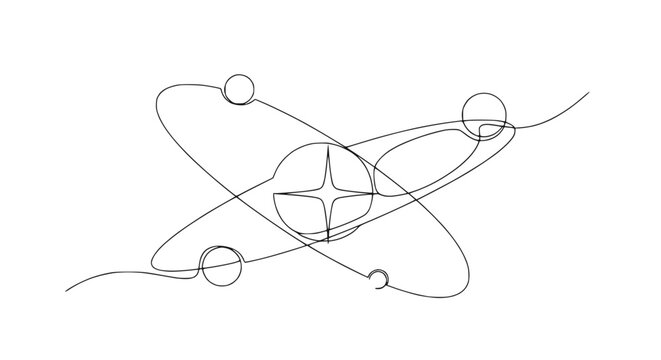 Abstract continuous line drawing of atom model with orbiting electrons and nucleus