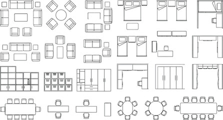 Fototapeta premium CAD interior plan block library. Furniture and fixture symbols for floor plans, space planning, and residential or commercial interior design