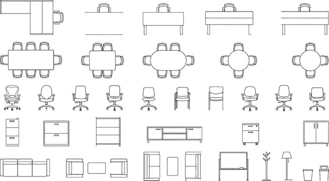 CAD furniture plan symbols for tables and seating layouts. Architectural vector top view library with conference, dining, caf&eacute;, and meeting tables with chairs for floor plans and space planning drawin
