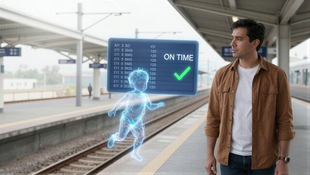 Man at train station sees holographic display showing baby and on-time departures.