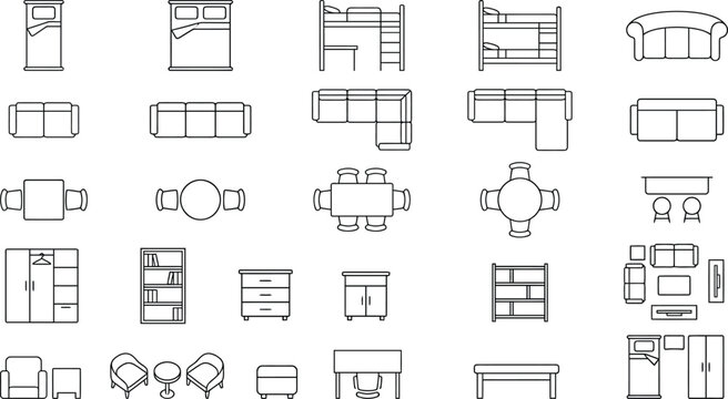 Furniture plan symbol library. CAD top view vector blocks with beds, sofas, desks, coffee tables, and cabinets for floor plans, office layouts, and interior space planning drawings