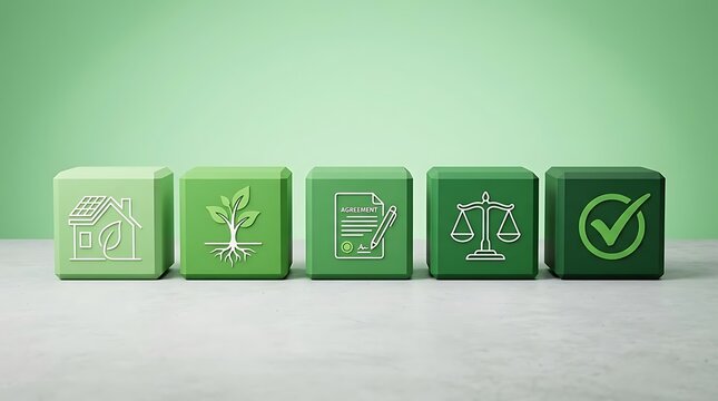 Five green conceptual blocks display eco-friendly icons, symbolizing sustainable real estate investment and environmental legal compliance