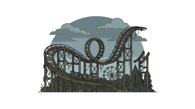 Abandoned Roller Coaster and Ferris Wheel in Overgrown Amusement Park