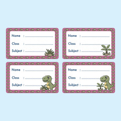 Adorable cartoon dinosaur school name tags with fields for name, class, and subject. Perfect printable book labels, student notebook stickers, and cute prehistoric classroom stationery templates. © BJS
