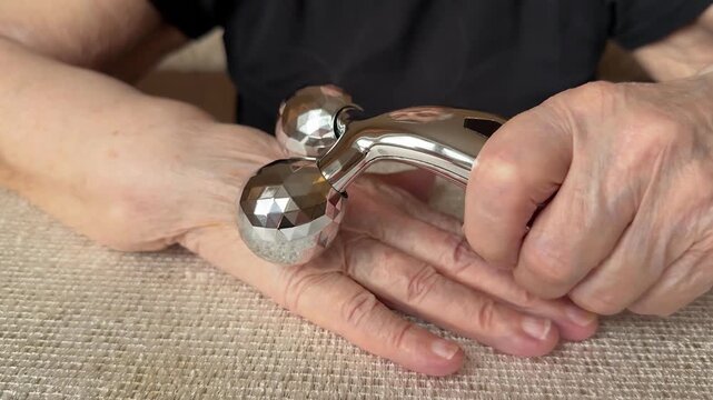 Elderly hands massaged with roller close-up silver two ball massager gliding over wrinkled forearm on textured fabric gentle