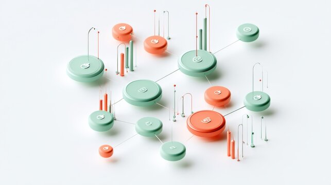 Abstract network of green and coral nodes connected by lines with vertical bars