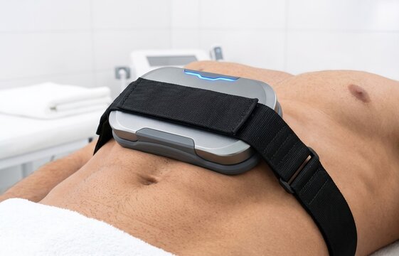 Close up of a man receiving EMS body sculpting and muscle stimulation treatment on abdomen