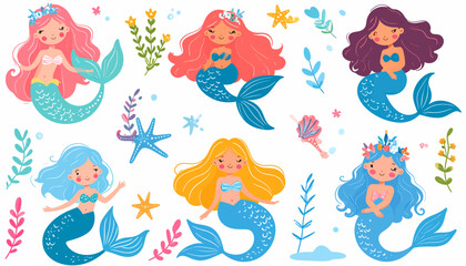 Obraz premium Cute Cartoon Mermaid Collection Set with Sea Creatures and Underwater Plants