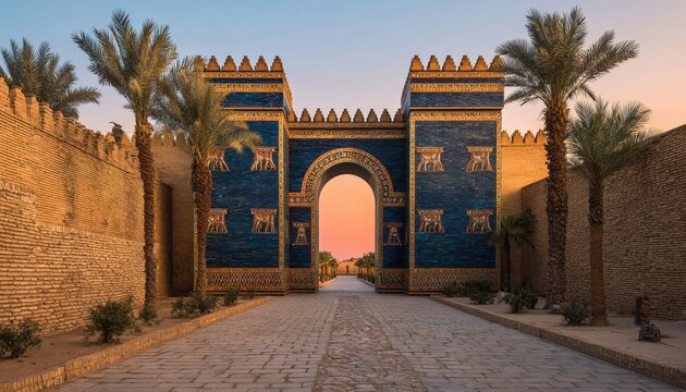 Ancient ishtar gate with glazed blue bricks and animal reliefs at sunset