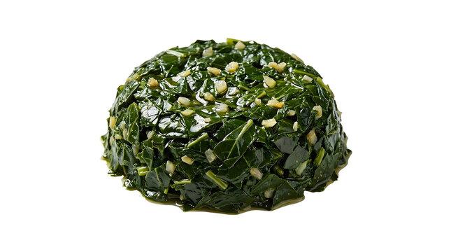 Traditional Ethiopian gomen dish featuring seasoned collard greens sauteed with minced garlic and chopped ginger, served in a rounded mound isolated on a solid white background