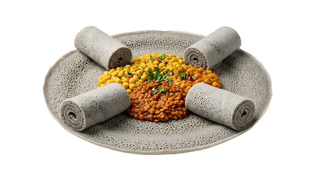 Traditional Ethiopian injera platter featuring four rolled sourdough flatbreads arranged around savory yellow split pea kik alicha and red lentil misir wat stews on a white background