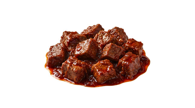 Spicy Ethiopian key wat dish showcasing tender cubes of beef slow-cooked in a rich, thick berbere spice and onion reduction sauce, isolated on a clean, solid white  background