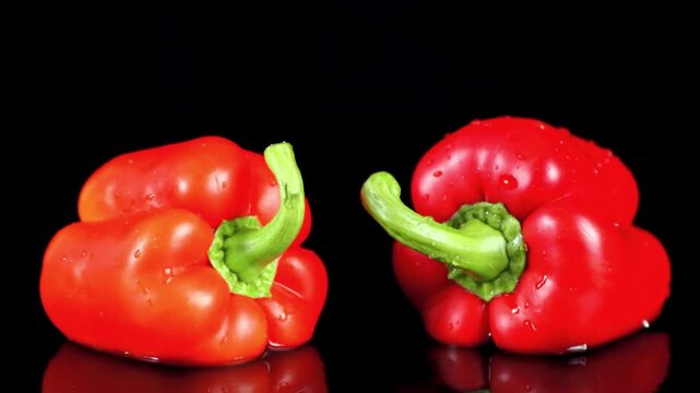 Fresh Red Bell Peppers Splashing into Water on Black Background