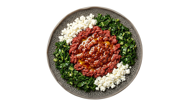 Traditional Ethiopian kitfo platter featuring minced raw beef seasoned with mitmita and niter kibe, surrounded by crumbly white ayib cottage cheese and chopped gomen greens