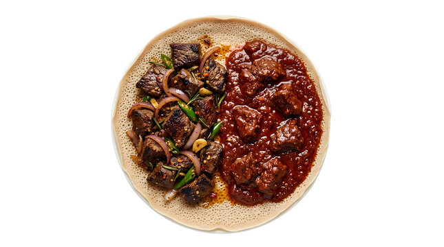 Traditional Ethiopian meat combo platter featuring seasoned beef tibs sauteed with onions and green peppers alongside spicy key wat stew served on spongy circular injera flatbread