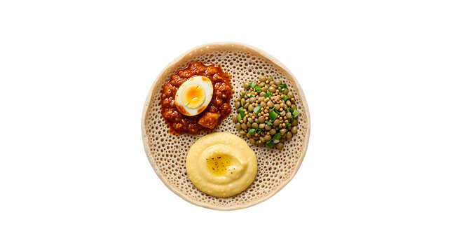 Minimalist Ethiopian tapas platter presenting spicy doro wat chicken stew with a sliced boiled egg, whole green lentils, and smooth chickpea shiro pur&eacute;e on a porous injera flatbread