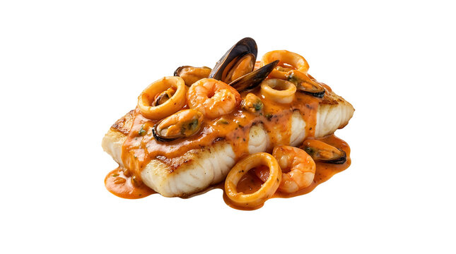 Gourmet pan seared white fish fillet generously topped with cooked prawn rings of squid, and whole mussels in a rich, creamy, orange seafood reduction sauce on a white  background