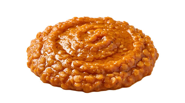 Creamy Ethiopian misir wat pur&eacute;e made of slow-cooked red lentils infused with spicy berbere seasoning and aromatic oil, served in a rounded textured mound on white background
