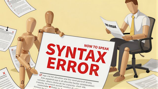 Man reads "SYNTAX ERROR" sign amid scattered papers and wooden mannequins.