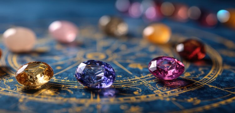 Assorted colorful gemstones arranged on an astrological chart with gold linework