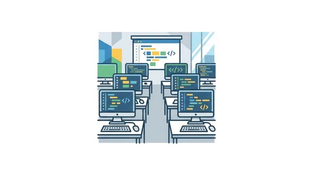 Modern computer lab classroom with multiple monitors displaying programming code and software