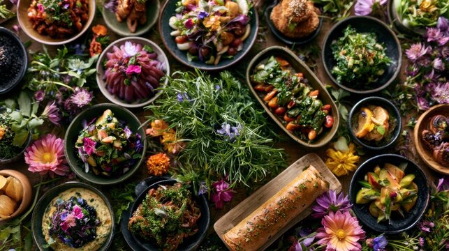 Assortment of colorful fresh salads, vegetables, and flowers arranged on a wooden table